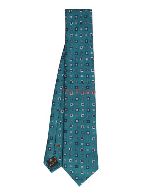 CARIBBEAN TURQUOISE, 3 Fold Micro Tie - Dots & Squares CARIBBEAN TURQUOISE, 3 Fold Micro Tie - Dots & Squares