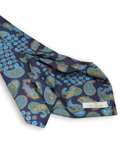NAVY-FIROZI, 7 Fold Silk Tie – Vintage Paisley