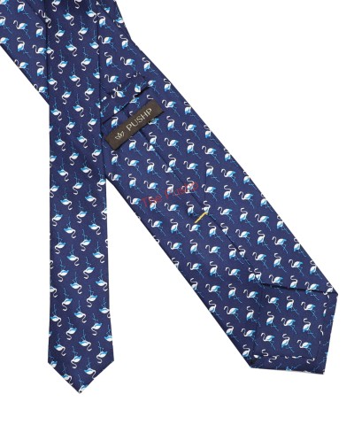 DENIM BLUE, 3 Fold Premium Silk Tie – Flamingos