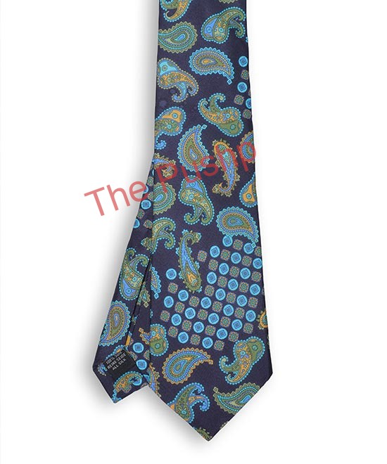 NAVY-FIROZI, 7 Fold Silk Tie – Vintage Paisley NAVY-FIROZI, 7 Fold Silk Tie – Vintage Paisley