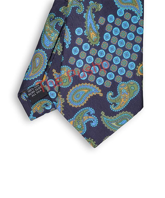 NAVY-FIROZI, 7 Fold Silk Tie – Vintage Paisley NAVY-FIROZI, 7 Fold Silk Tie – Vintage Paisley